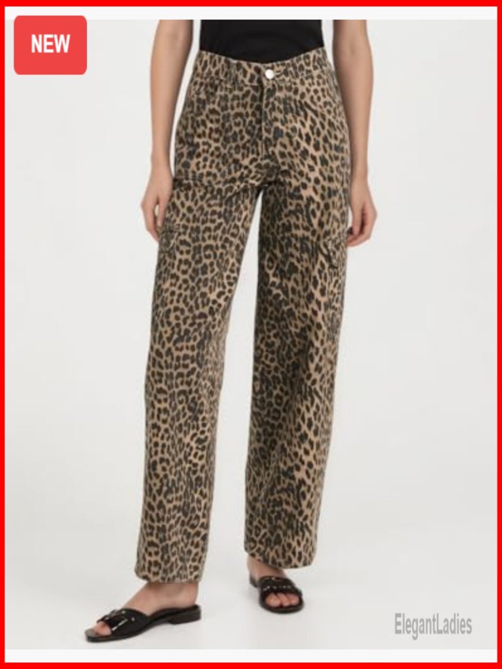 Women's Leopard Print Cargo Jeans Straight Leg Baggy Boyfriend Fit with Pockets - Picture 3 of 7
